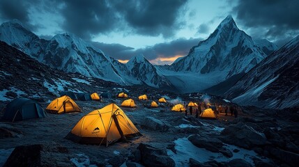 A surreal Himalayan expedition moment, glowing tents at Everest Base Camp under a deep twilight sky, the towering snowy peaks bathed in the last light of day 
