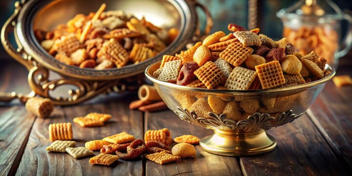 A vintage photo captures a 70s Chex Mix feast, its retro bowl mirrored, evoking nostalgic food memories.