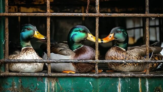 The couple of ducks waddled contentedly in their pen, quacking softly to each other as they explored their cozy surroundings, enjoying the warmth of the sun.