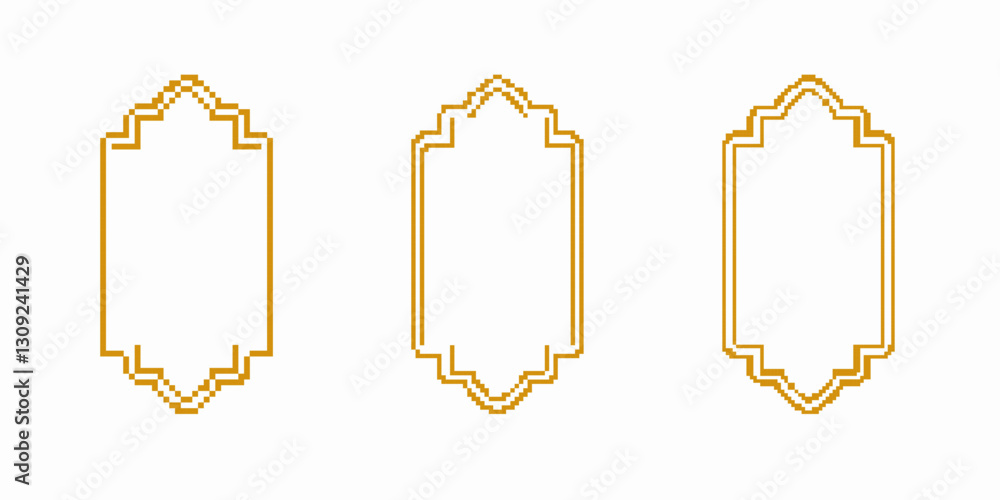 Poster three orange geometric designs in a pixel art style display intricate patterns, aligned vertically.