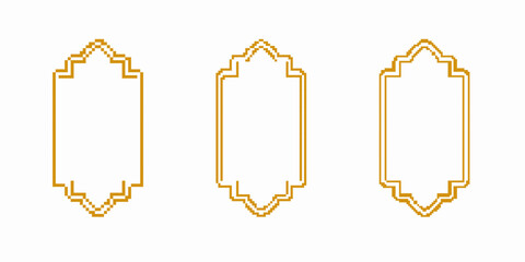 Three orange geometric designs in a pixel art style display intricate patterns, aligned vertically.