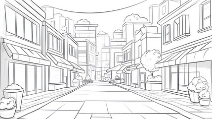 Fototapeta premium Cartoon city street scene, urban background, commercial buildings