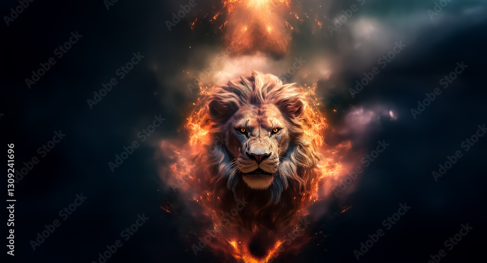 Poster majestic lion head outlined in vibrant flames, creating a powerful and intense image against a dark 