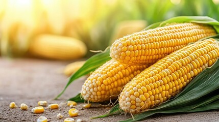 Freshly harvested corn on the cob displayed on a wooden surface surrounded by lush green corn plants during golden hour