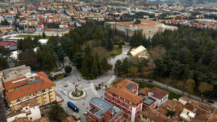 Aerial view of the Spanish Fort in the historic center of L'Aquila, Abruzzo, central Italy. The...