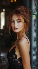 Woman with auburn hair and black lace top.
