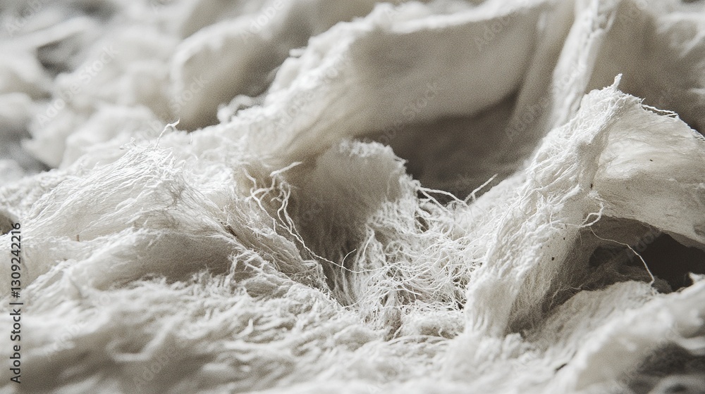 Poster a textured close-up of recycled paper fibers in the breakdown process, soft damp pulp forming, eco-c