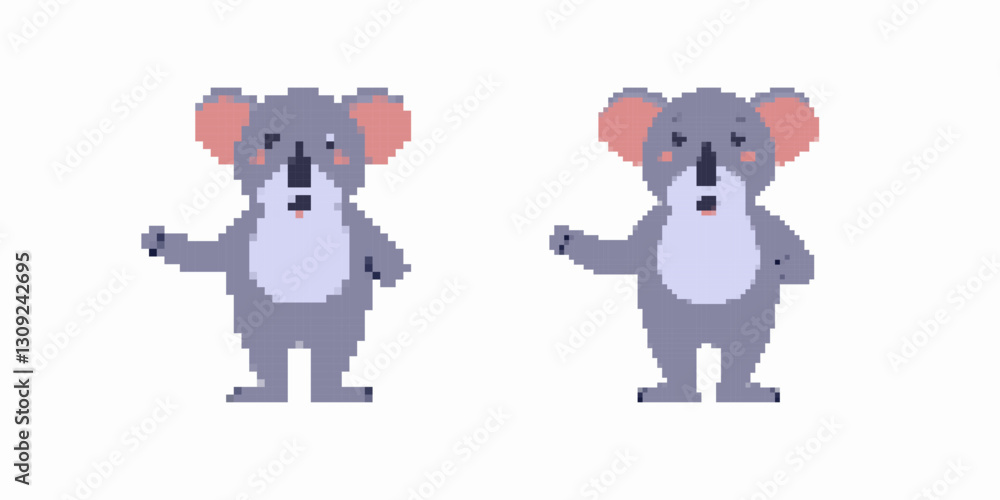 Poster two pixel art koalas with large ears showing different facial expressions. they stand side by side.