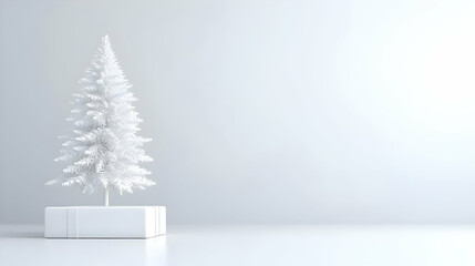 White Christmas Tree Decoration Against Light Gray Background with Minimal Aesthetic Lighting and Clean Simple Design