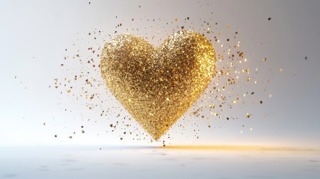 Golden glitter heart exploding with sparkling particles on light background