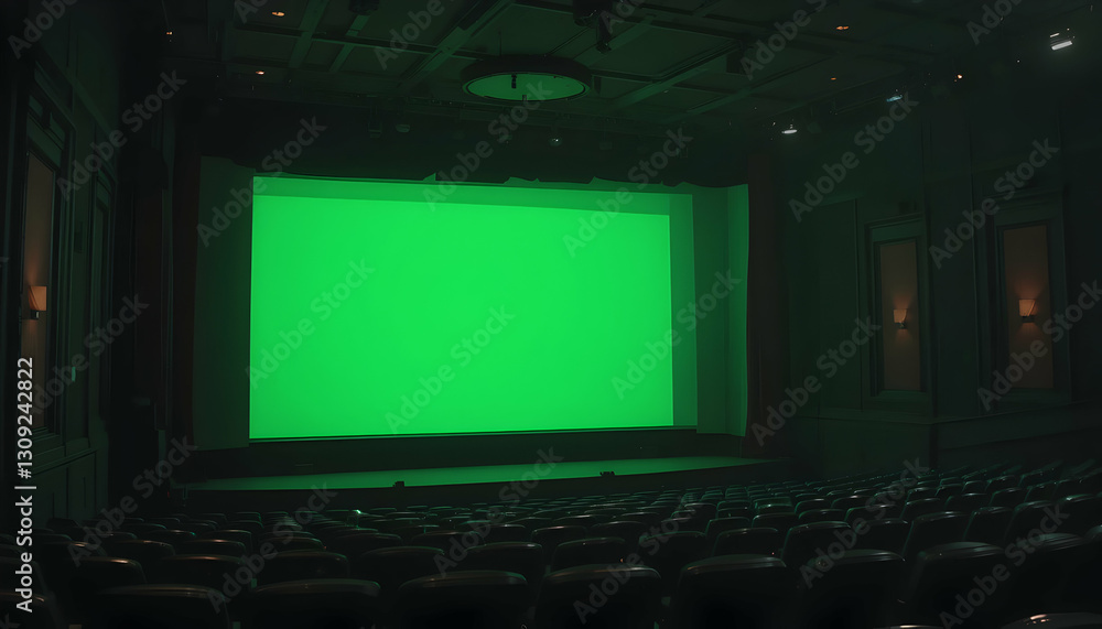 Poster empty theater with green screen and rows of seating