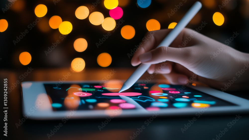 Aufkleber hand using stylus on tablet screen with colorful digital art, creating vibrant and engaging atmosphe