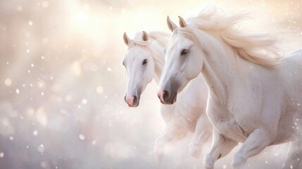 Majestic white horses galloping through ethereal misty landscape