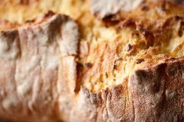 Detail of Sourdough Bread with Cracks and Flour Dust. Flaxseed Bread