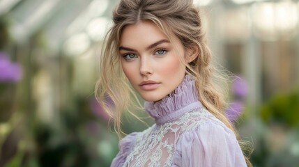 Naklejka premium Portrait of a Blonde Woman in a Lavender Lace Dress