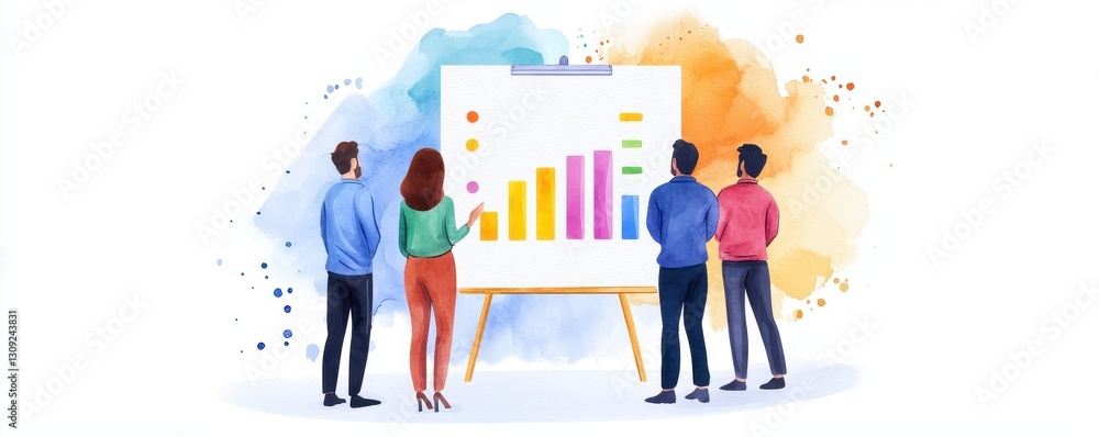 Poster business team analyzing colorful bar graph data on whiteboard presentation