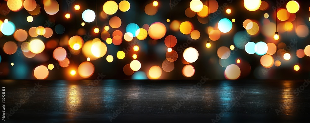Poster dark background with abstract bokeh lights illuminated floor festive glow
