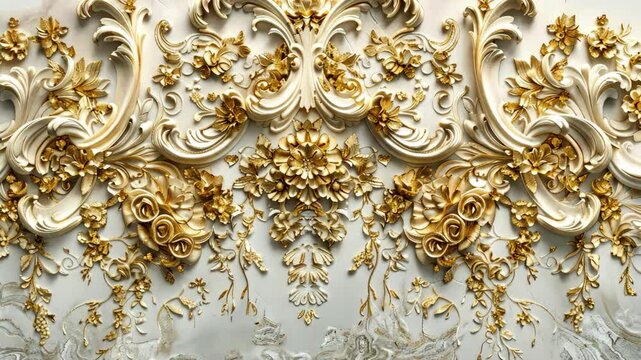 Marvel at the exquisite craftsmanship of a golden wall design rich with floral motifs and baroque stylings in an upscale environment