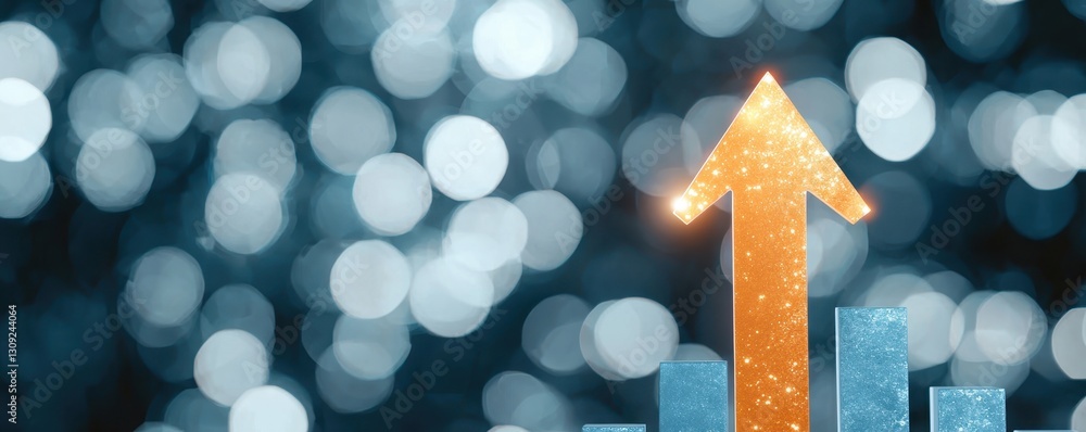 Poster sparkling golden arrow soaring upward on a teal bokeh background representing growth and success