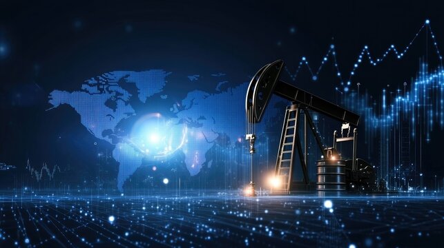 Oil industry equipment operates with digital data overlays on a world map background, symbolizing global energy trends and market analysis