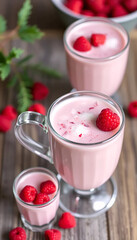 Elegant Pink Raspberry Smoothies in Graduated Sizes on Rustic Wood
