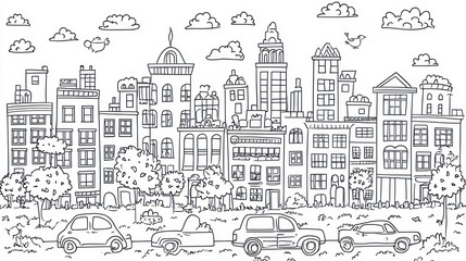 Fototapeta premium Cityscape illustration, black and white drawing, urban scene, coloring page
