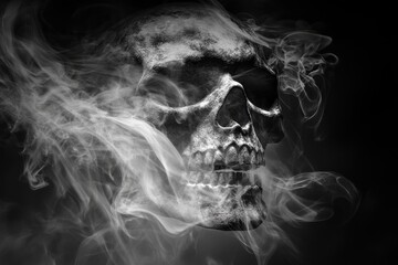 Mysterious Skull Surrounded by Ethereal Smoke in Dark Background
