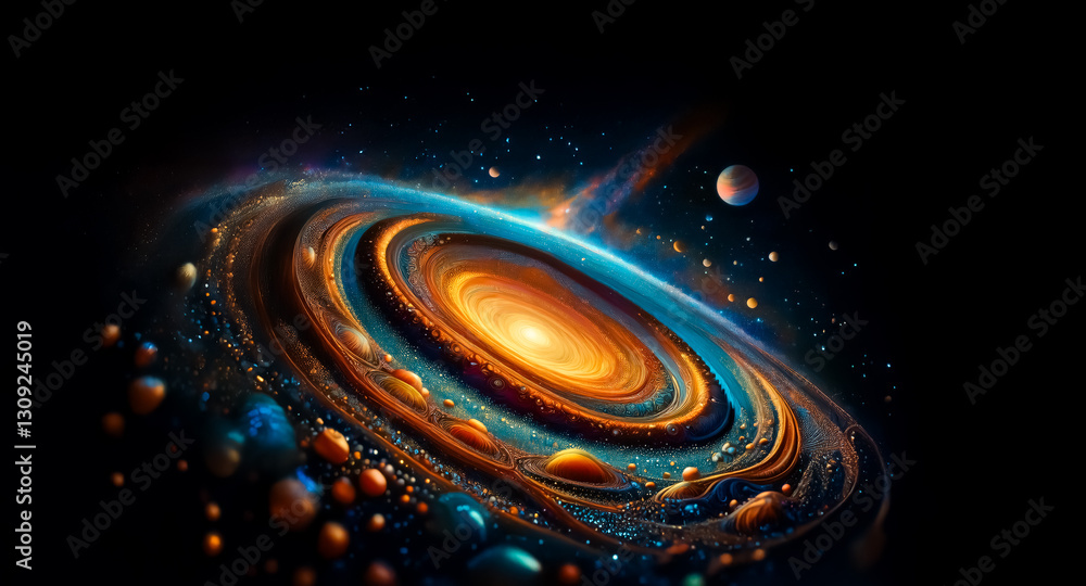 Poster a vibrant galaxy with swirling cosmic dust and a glowing center. planets and stars are scattered in 