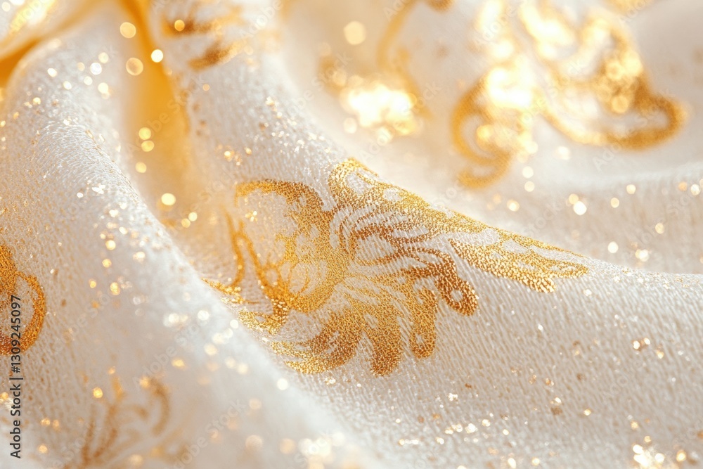 Poster delicate golden fabric with shimmering texture and elegant patterns in a soft white background, repr