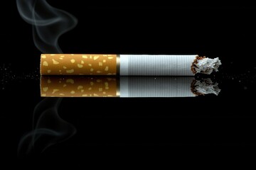 Close-Up of a Burning Cigarette with Smoke on Black Background