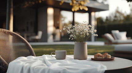 A white round table in the garden with a vase of daisies, a coffee cup, and a plate of pastries in warm sunlight