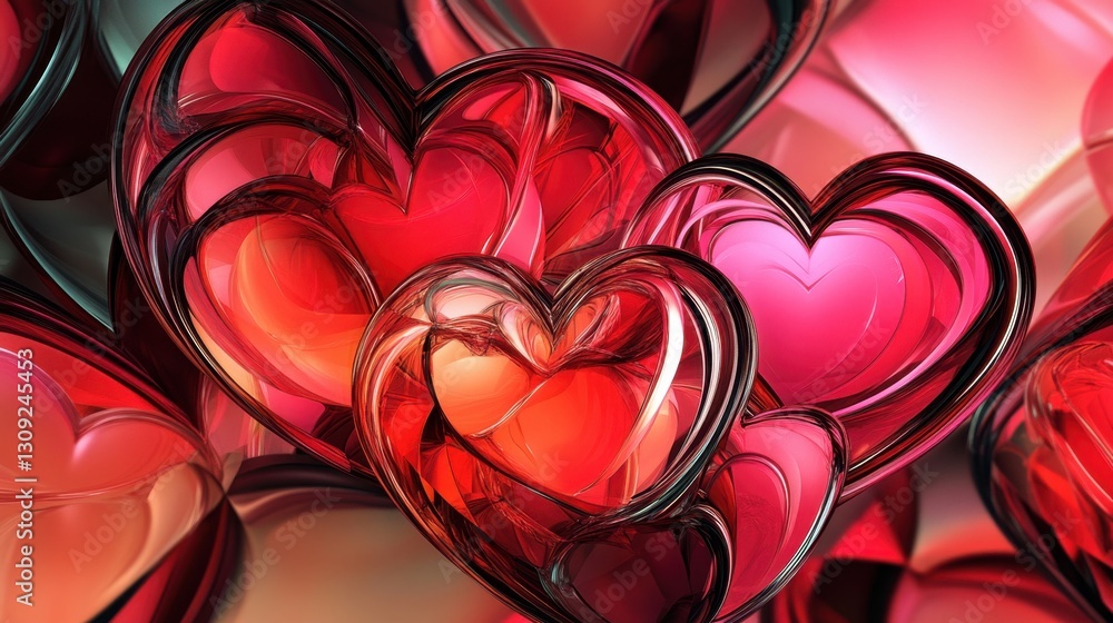 Poster dynamic and artistic heart shapes arranged in a vibrant, asymmetric composition of reds and pinks.