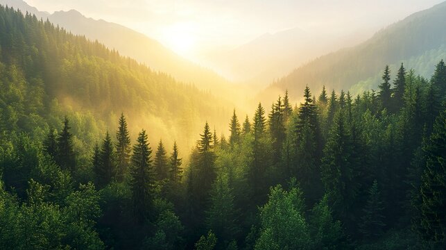 A vibrant green mountain covered in dense pine trees, golden sunlight streaming through the sky, soft morning mist rolling over the peaks, peaceful forest scenery, wide-angle view.  