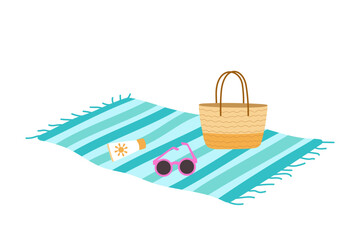 Summer illustration. Beach towel, sunscreen, sunglasses, beach bag.