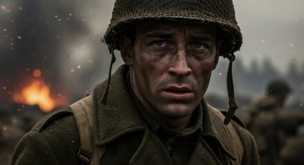 Obraz premium Soldier in battle worn uniform and helmet with grim expression. War movie scene. Cinematic portrayal of heroism and sacrifice. Veterans Day and Memorial Day concept.