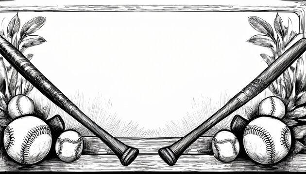 vintage beautiful border frame of baseballs and baseball bats background, graphic resource