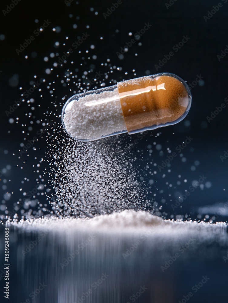 Poster macro shot of a pill releasing fine powder in a cinematic composition with a soft blur effect