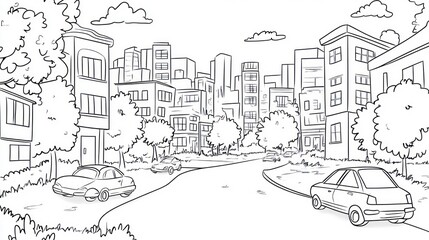 Naklejka premium Cityscape street scene, black and white illustration, residential and commercial buildings, trees, cars. Possible use for coloring book or educational material