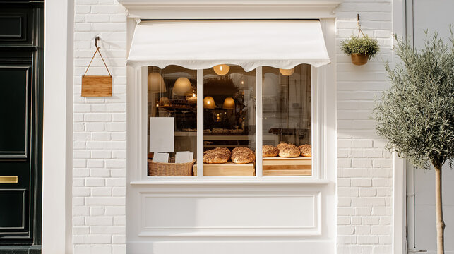 On a serene London street, a quaint Italian bakery captures attention with its inviting window display featuring a pizza topped with anchovies. The moment exudes warmth and culinary delight