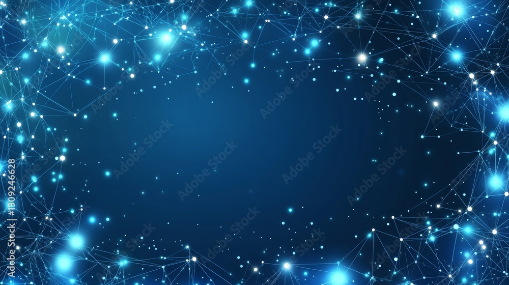 Poster vivid blue hexagonal mesh network connections with luminous points in dark space, flat vector art