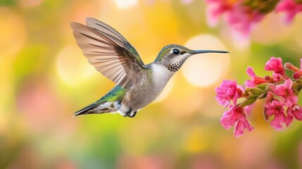 Fototapeta premium Hummingbird feeding on flowers vibrant garden nature photography colorful background close-up view wildlife beauty