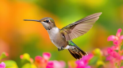 Fototapeta premium Hummingbird feeding on flowers garden nature photography vibrant colors close-up wildlife beauty