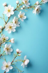 Delicate white blossoms, seamlessly repeating on a calming blue backdrop , white flowers, repeat