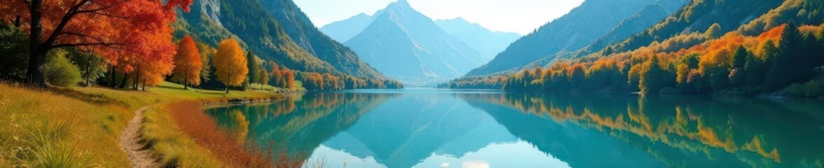 Fototapeta premium Peaceful mountain lake surrounded by vibrant trees and grass, illustration, graphic, calm