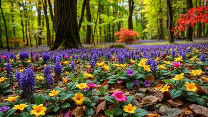 Obraz premium Colorful flowers and leaves in the forest floor, purple, trees