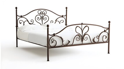 Elegant Bed Frame: A beautifully crafted wrought iron bed frame, showcases intricate floral designs and a crisp white duvet. 