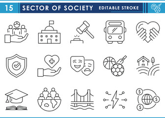 A set of line icons related to Sector of Society. Education, justice, culture, infrastructure, economics, farming, sports, and so on. Vector editable stroke.