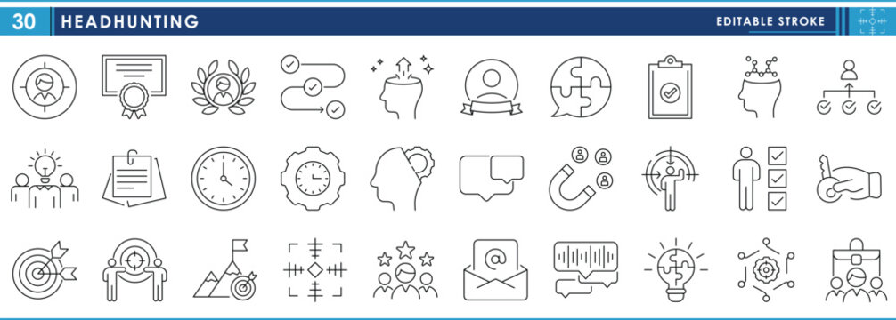 A set of line icons related to Headhunting. Recruitment, specialization, people, qualified, personal, networking, job, optimization, intelligence, target, and so on. Vector editable stroke.