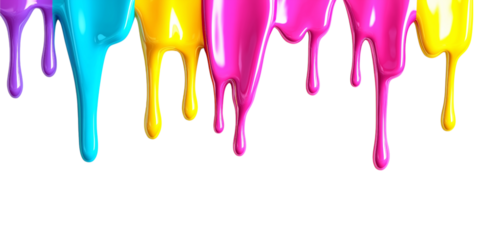 CMYK or pink , yellow, blue, black and red stroke of paint pouring from can isolated on png transparent background	