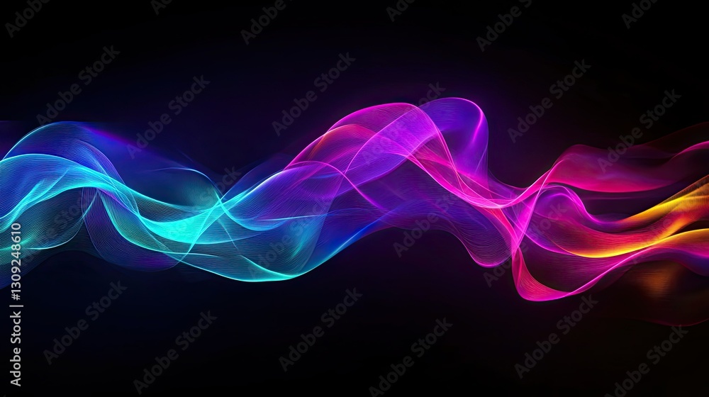 Poster A colorful abstract 3D fluid motion effect with iridescent neon waves flowing dynamically against a dark backdrop.